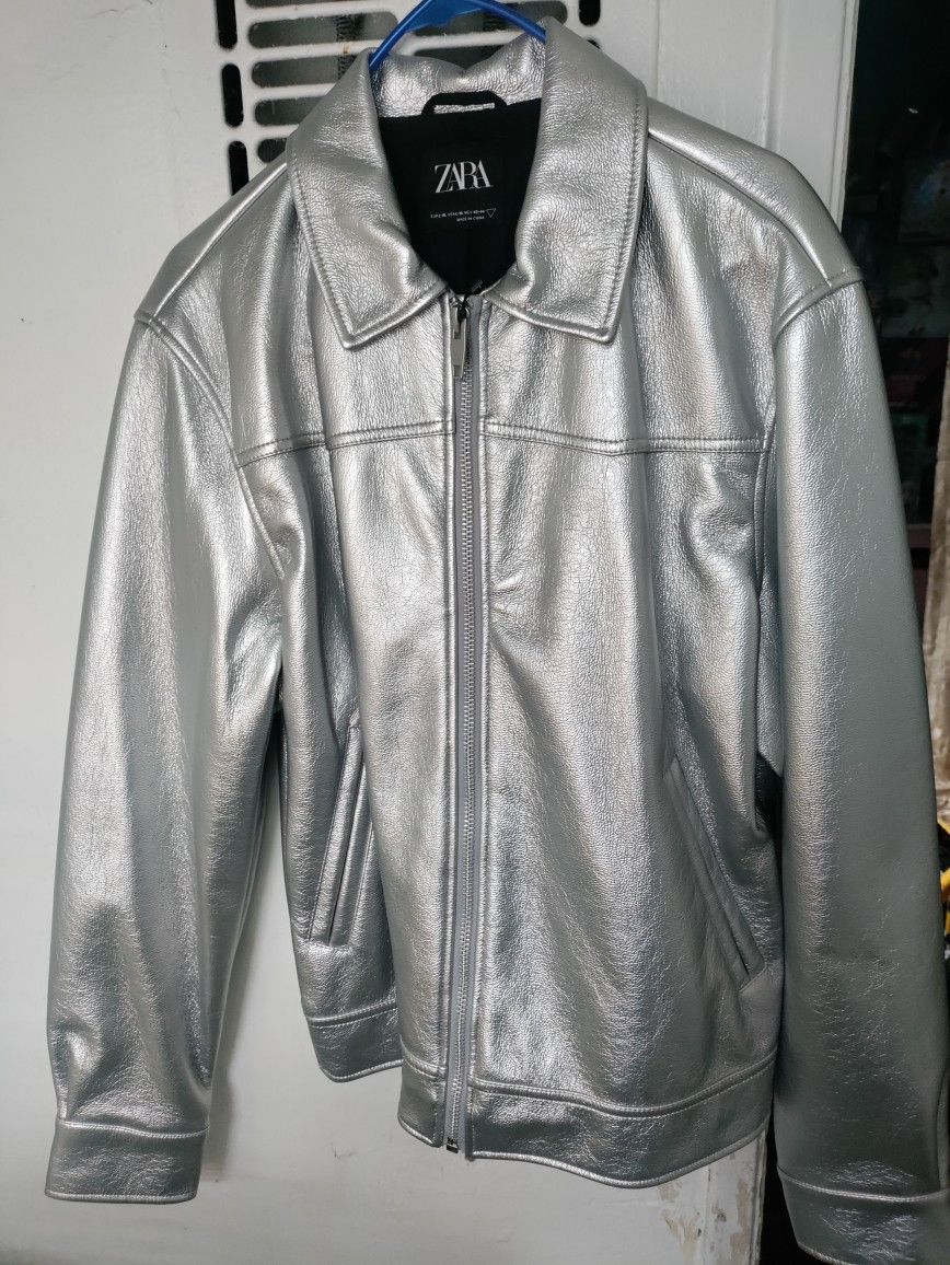 Zara Silver Metallic Bomber Night Jacket 