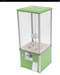 light green rectangular commercial candy and gumball vending machine.