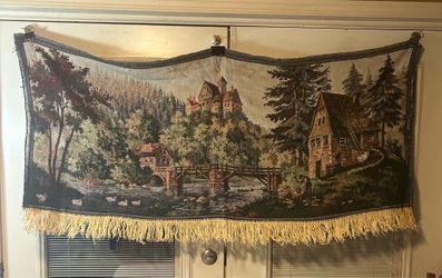 Vintage German Gobelin Tapestry - Woven Castle & Cottage Landscape Hanging (56” x 29”) $65 CASH
