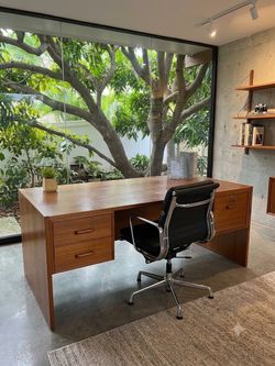 Nice mid-century large executive solid wood teak office desk with 3 drawers.