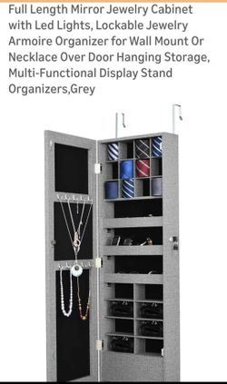 Full Length Mirror Jewelry Cabinet With LED Lighs , Lockable Jewelry Armoire Organizer For Wall Mount Or Necklace Over Door Hanging  Storage 