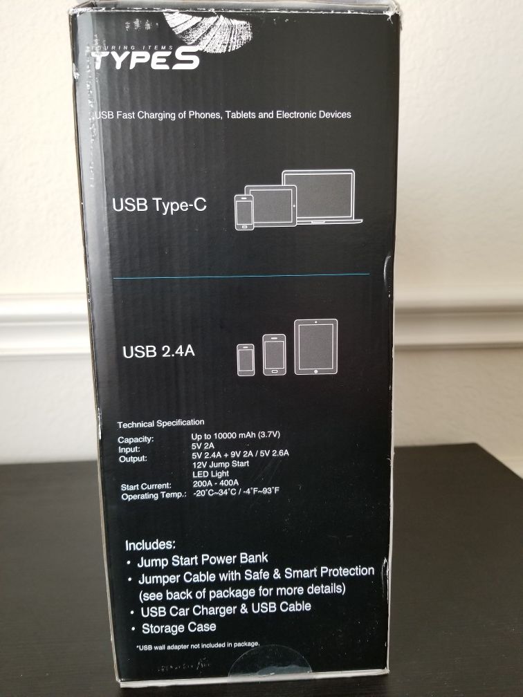 Type S Lithium Jump Starter Portable Power Bank with LED Flashlight for Sale in Richardson, TX