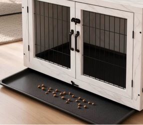 43” Wooden Dog Crate Furniture with 360°Rotatable Removable Dog Bowls, Dog Crate End Table with Tray, Double Doors Dog Kennels for XLarge Dogs