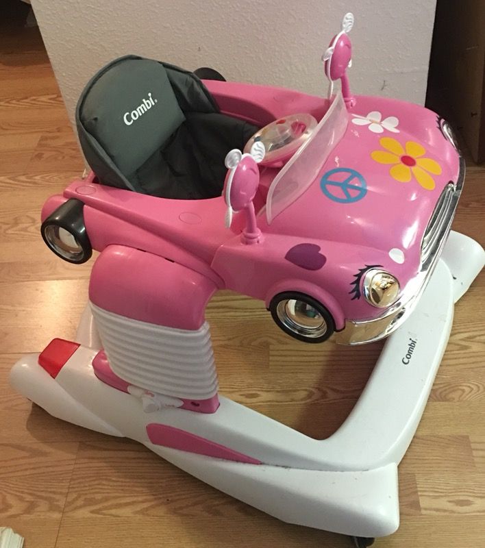 Baby walker and bouncer pink car combi