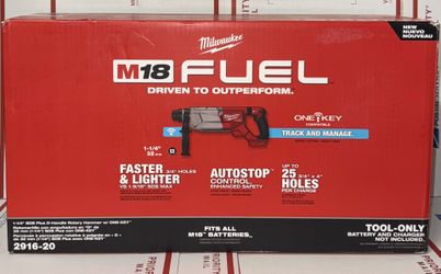 Milwaukee M18 Fuel 1-1/4” SDS PLUS D-handle Rotary Hammer w/One Key. Tool Only. Model #2916-20