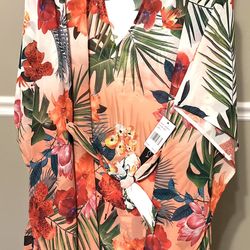 😍NWT La Blanca Tropical Bird of Paradise Floral Caftan Tunic Cover Up SzL😍