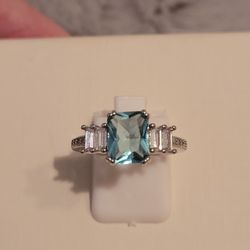 Silver CZ and Aquamarine Ring Size 7