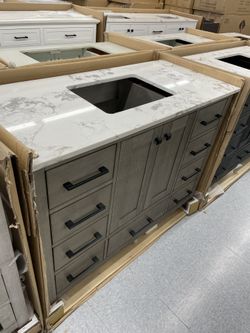 Bathroom vanity cabinet 48” solid mango Quartz top with sink and backsplash 