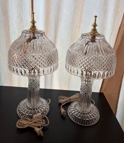 Bourdoir Pair of Cut Crystal Table Lamps with Brass Finials