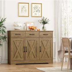 Farmhouse Buffet Sideboard Cabinet, Doors Storage with Drawers and Shelves,  Dark Brown S-7