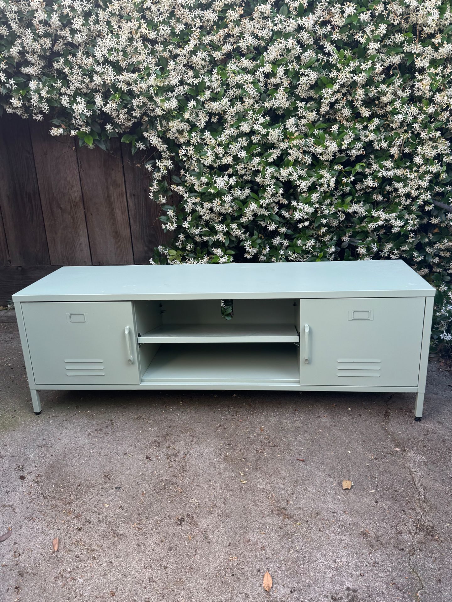 Vintage Olive Green Metal Rectangular Entertainment Center TV Stand