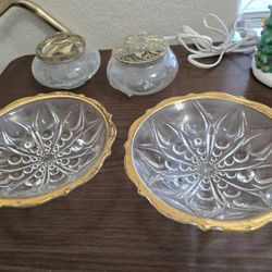 Vintage Footed Gold Rimmed Crystal Candy Dish Trinket Jewelry Bowl