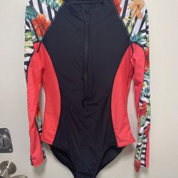 Daci,Bold Orange and Black tropical,Long Sleeve One Piece Swimsuit,Size S,zipper