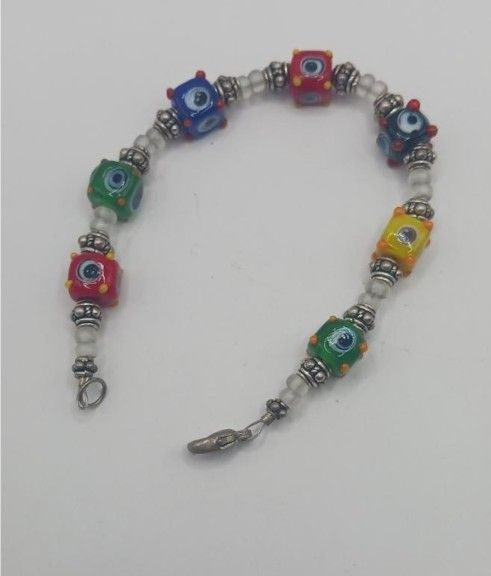 Sterling evil eye bracelet , square beads