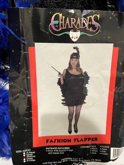 Women’s Flapper Black Dress Costume with Blue Boa! Size Medium - NEW!