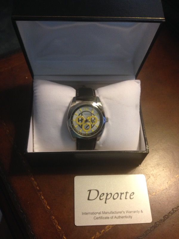 Deporte Limited Edition Chronograph Stainless Steel Watch, Art Deco Watch Face with Yellow Highlights and Leather Band, Water Resistant