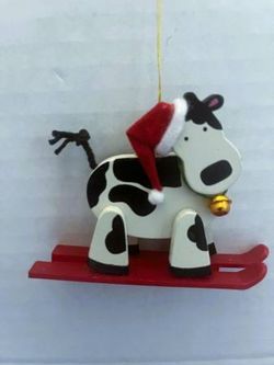 Vintage Avon Holly Jolly Cow Wood Christmas Ornament Skiing Cow