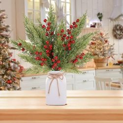 46 Pcs Artificial Pine Branches Fake Greenery Pine Picks Artificial Red Berry Stems Christmas Pine Needles for DIY Christmas Garland Wreath Xmas Embel