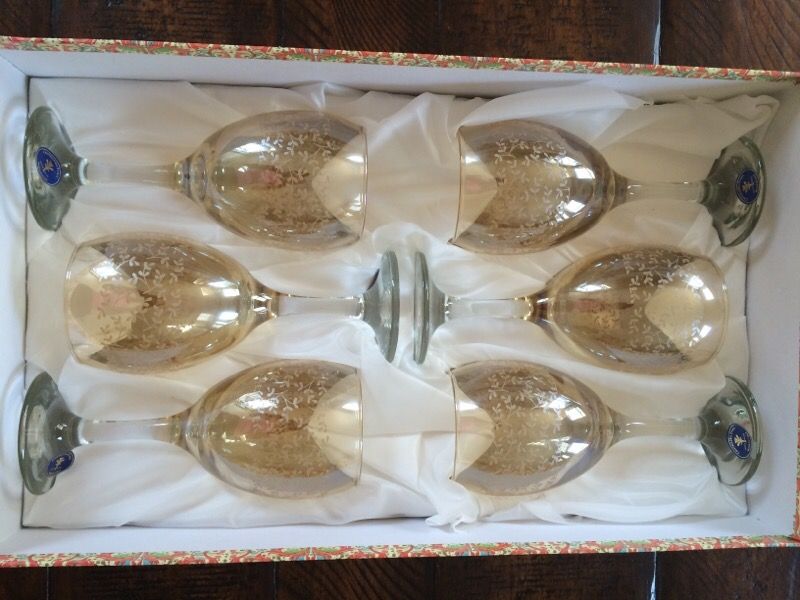 Fratelli Fumo Cristalleria Italian 6 Piece Set of Gold Wine Glasses