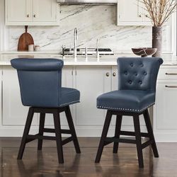 26 in. Navy Blue Faux Leather Swivel Barstool Solid Wood Counter Stool with Nail Head Trim Tufted Backrest (Set of 2)