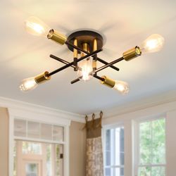 5-Light Semi Flush Mount Ceiling Light Fixture With E26 Modern Matte Black And Gold Chandelier Sputn