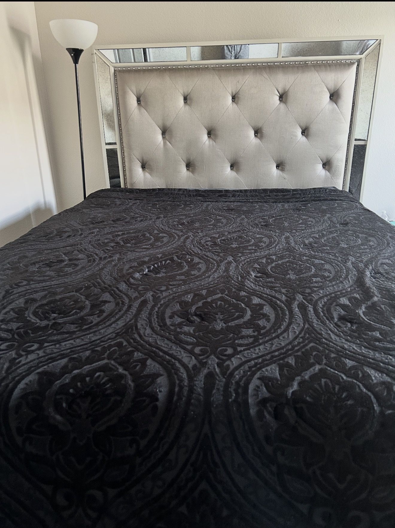 Glam Mirrored Tufted Queen Bed Frame