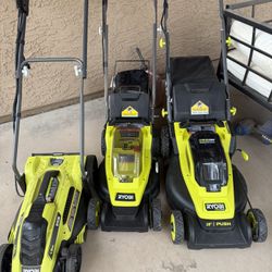 Ryobi X3 Lawnmowers (2x18v & 11amp Plug-in)