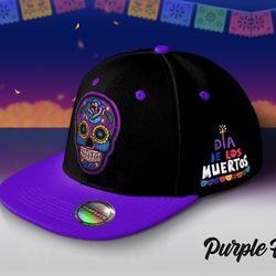 SugerSkull Hat (Purple / Black ) Flat Top SnapBack Hat