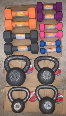 CAP Hex Neoprene Dumbbell Weights Set (10lb, 8lb, 5lb, 3lb, 2 lb) & Weider Cast Iron Kettlebells (10lb, 15lb, 20lb, 25lb) - Total 126 Pounds - BRAND