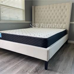 Queen Ivory Beige Wingback Bed With Ortho Mattress Included!