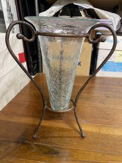 Textured Glass Vase with Metal Base/Stand
