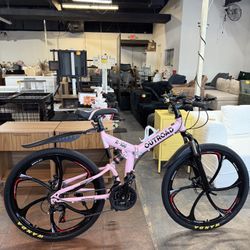 Suspension High-Carbon Steel MTB Foldable Bicycle, Dual Disc Brake Non-Slip Folding Bikes for Men or Women(Pink)  💰$160  Warehouse Clearance Sale   