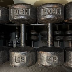 Vintage York Roundhead 45 lb dumbbells 45lbs 45lb dumbbell lbs weights weight round head roundheads Cast Iron USA Stamped