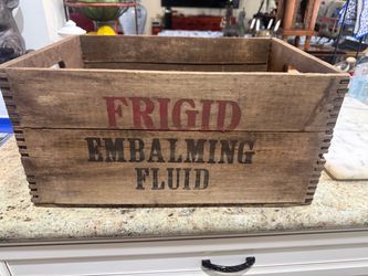 Vintage Frigid Embalming Fluid wooden shipping crate from the Frigid Fluid Company in Chicago, Illinois, originally used to transport embalming fluid