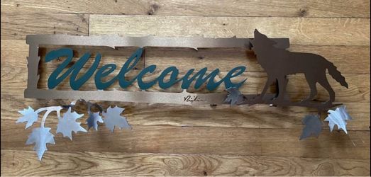 Wolf Welcome Sign Plasma Cut Metal Wall Art Hanging Home Decor