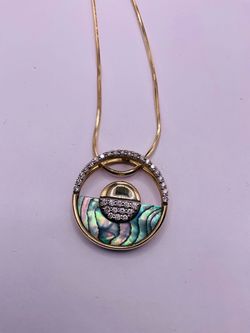 Gold Tone Abalone Shell Crystal Pendant Necklace 14kt gold with diamonds