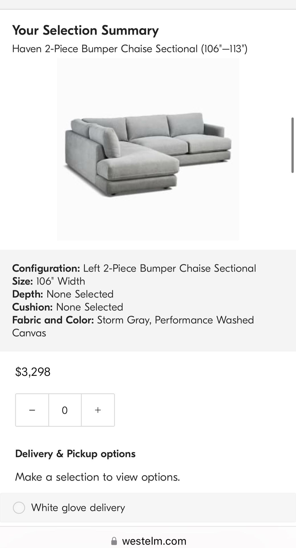 West Elm Haven 2-Piece Bumper Chaise Sectional