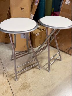 2 Home Folding Stools - White Metal Silver Backless 24-Inch Stool with 225lb Capacity for Kitchen balcony inside outside garden or Rec Room - Portable