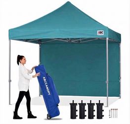 10x10 Pop Up Canopy, 1 Sidewall, All-Weather Shade, Turquoise,Water-Resistant Cover, Easy Setup, UV