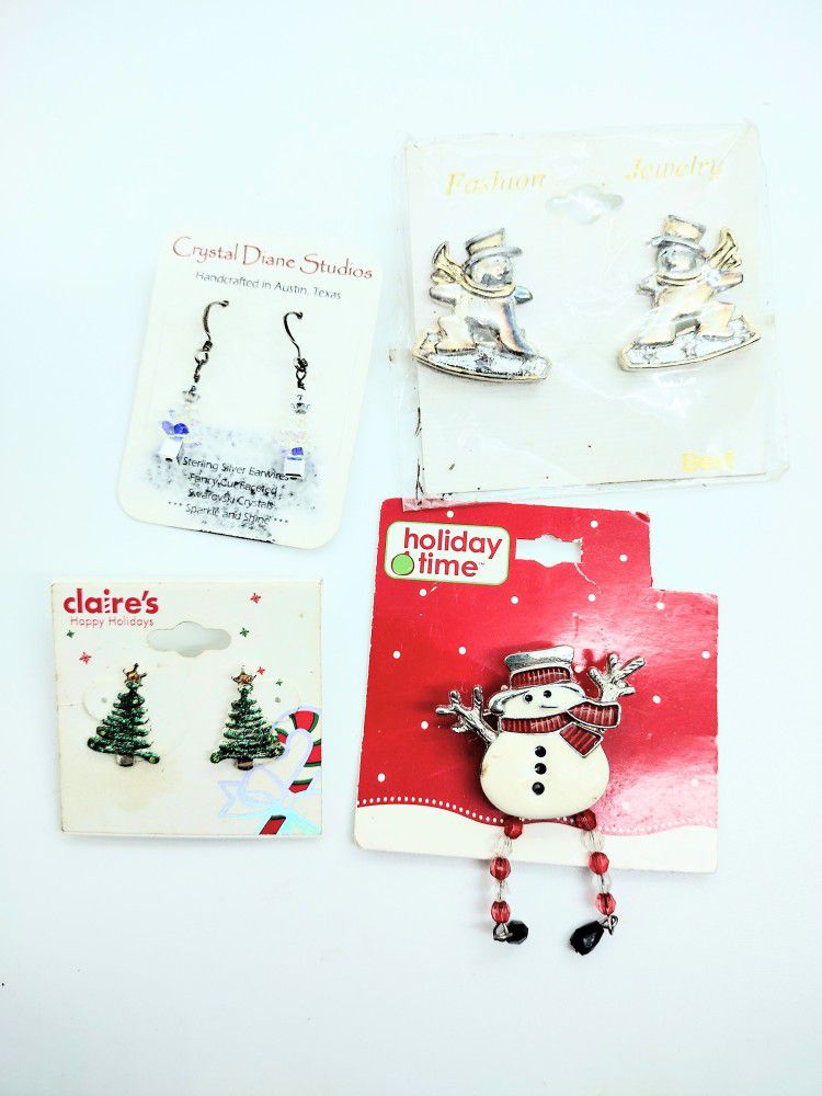 Holiday Earrings & Snowman Brooch