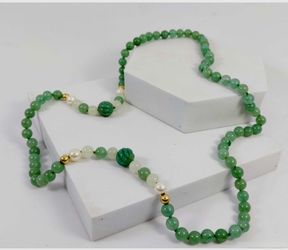 Vtg Style 10K Gold Faux Pearl/Chalcedony & Aventurine Beaded Opera Necklace