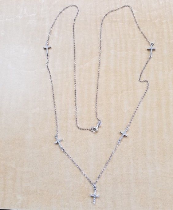 Long Sterling Silver Chain With 5 Crosses