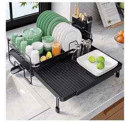 Extendable Dish Drying Rack - Adjustable Length 12.8"–21.0", Auto-Draining Dish Rack for Kitchen Counter, Rust-Resistant Metal Frame Over-Sink Support