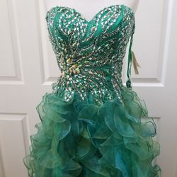 Green Sequined Ruffled Strapless High Low Dress Size 8
