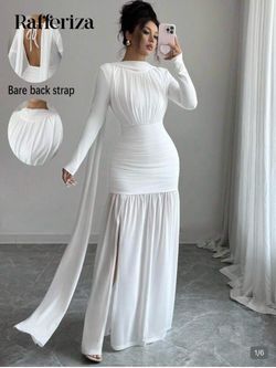 Halloween dress Rafferiza White Ruched Maxi Dress/ with white shoulder sheer drop