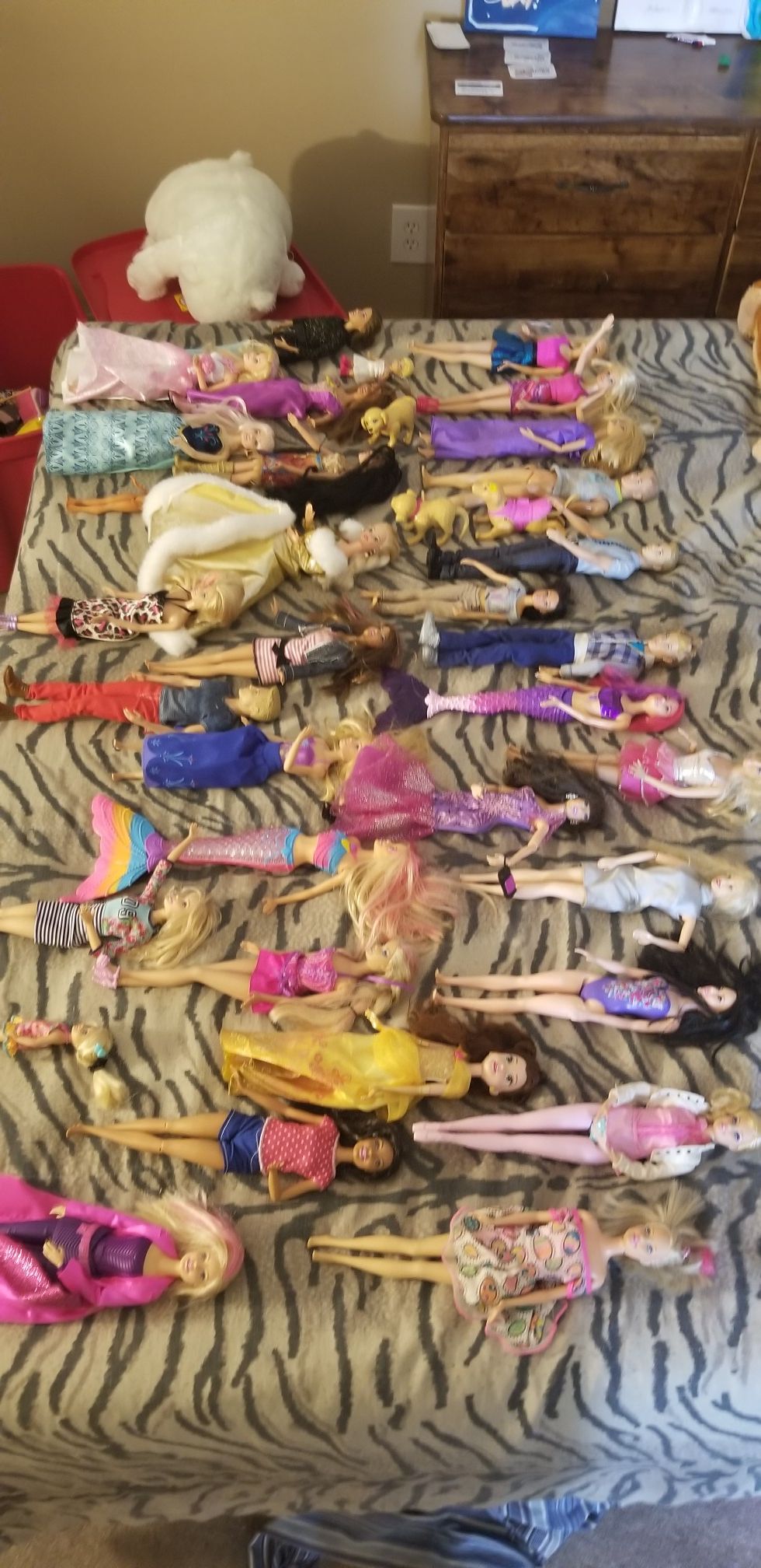 32 barbies and some barbie dogs