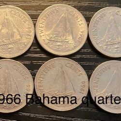 1966 Lot of 6  Bahama Islands/25 cents/Queen Elizabeth II Bahamian Sloop