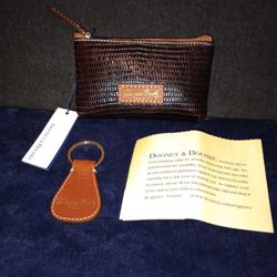 NWT Dooney & Bourke Brown Leather Embossed Lizard- Zip pouch and key Fob