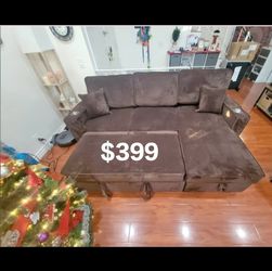 Chocolate Corduroy Sectional Sofa with Cup Holder & USB & USB-C Port