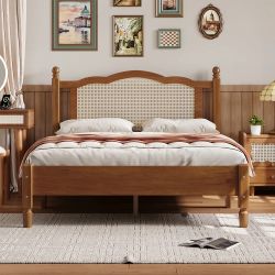 Full Size Wooden Platform Bed with Natural Rattan Headboard 